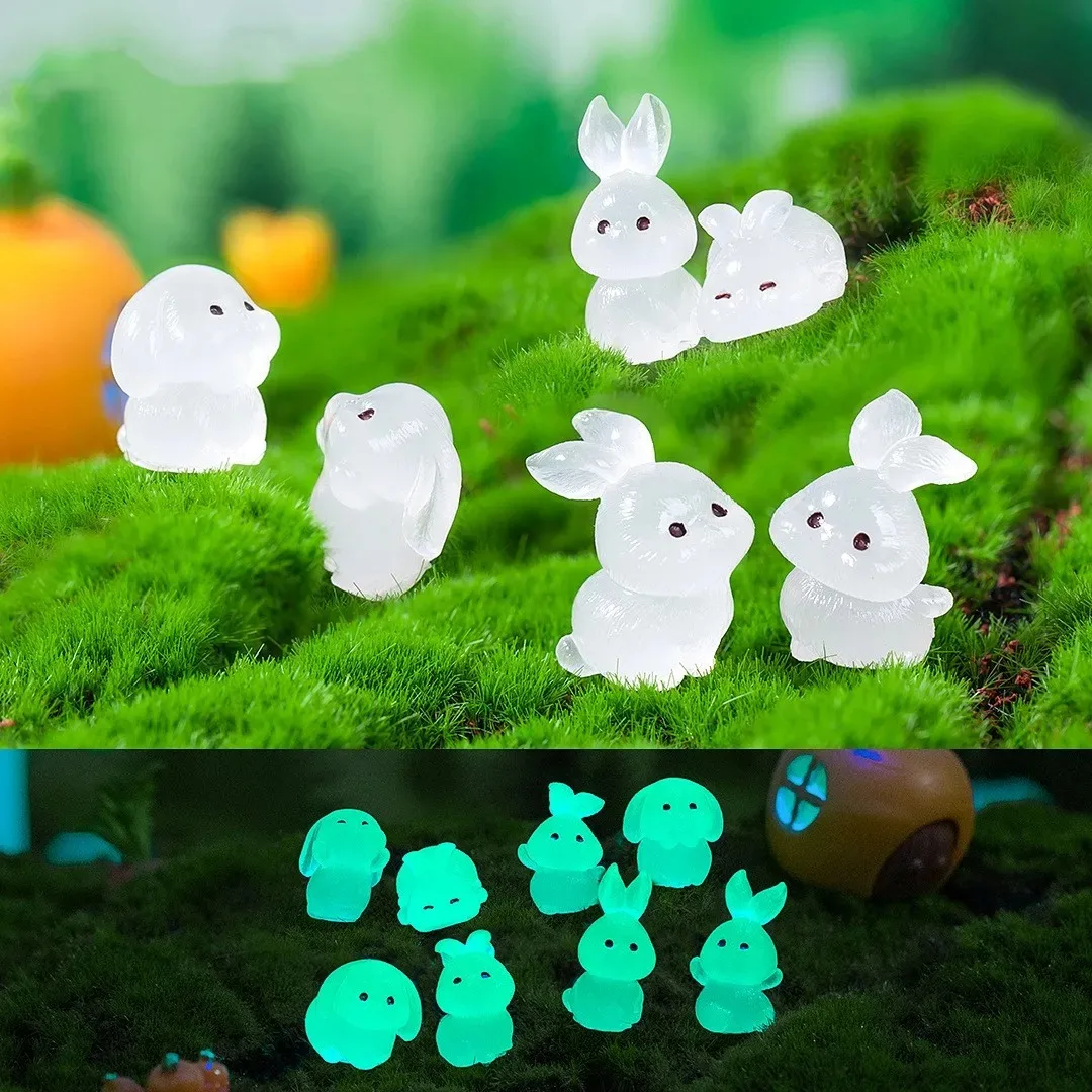 8Pcs Glow In Dark Mini Rabbit Figurines 8 Different Poses Cute Bunny Fairy Garden Ornaments Luminous Home Desk Decoration