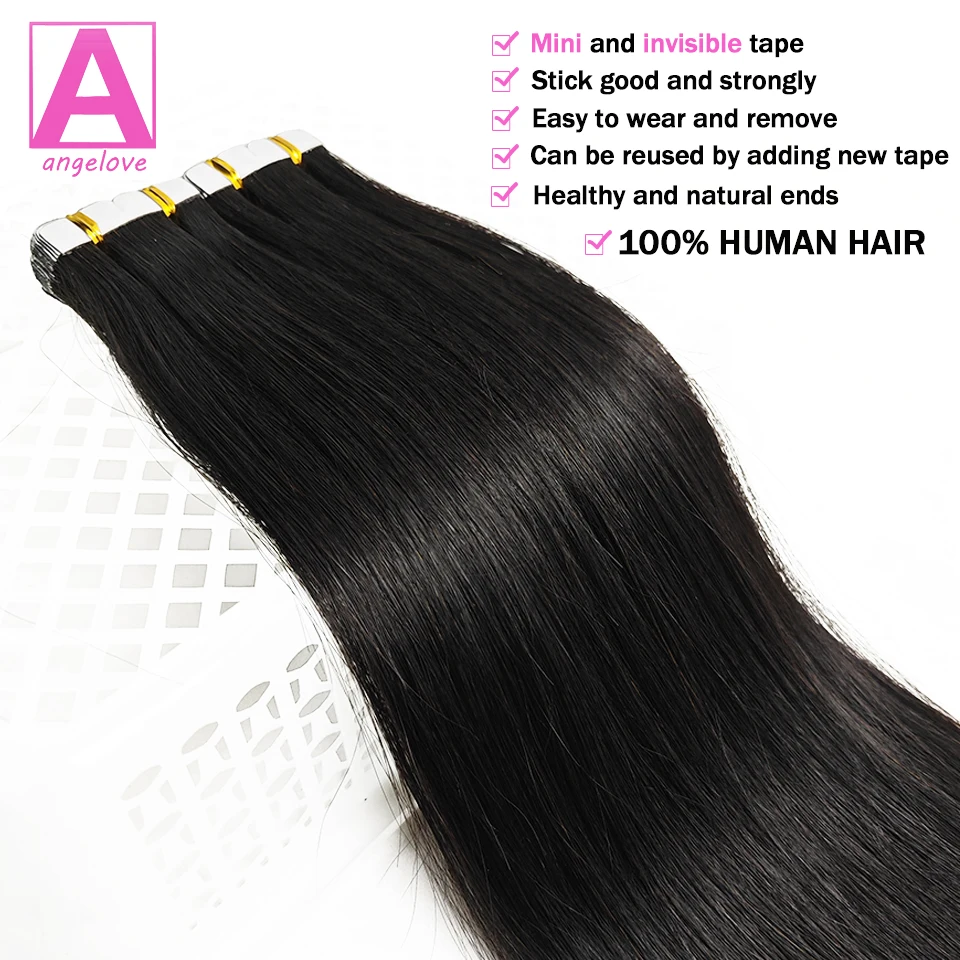 

Mini Tape in Hair Extensions Human Hair 20pcs Straight 100% Remy Hair Seamless Invisible Skin Weft Extensions #1B Natural Black