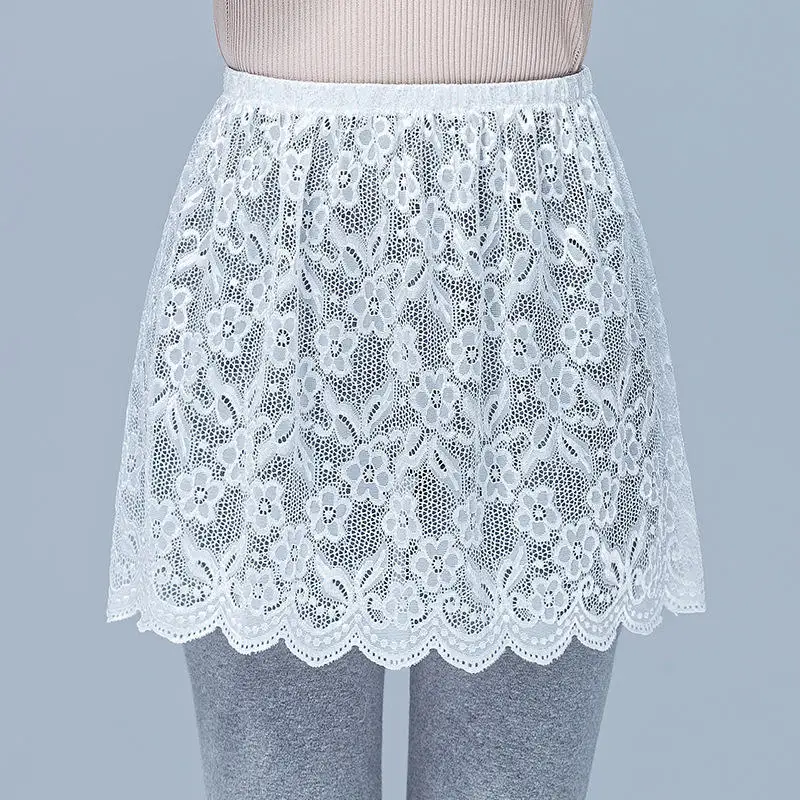 Women Floral Lace Layering Faux Top Mini Skirt Pleated A-Line Flare Fake Hem Shirt Extender Half-Length Underskirt