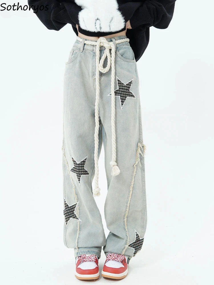 Wide Leg Jeans Women Chic Y2k American Retro High Street Casual Baggy Embroidery Stars Fashion All-match Autumn Unisex Harajuku