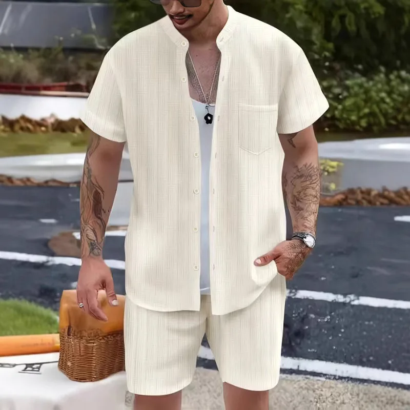 

New Summer European and American Men's Shirt Casual Henley Collar Pocket Short Sleeve Shorts Beach Set