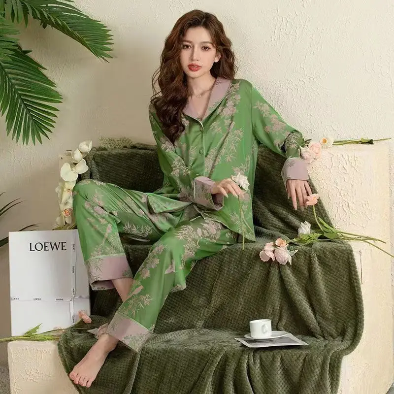 Silk Sleepwear Women Long Sleeve Tops Pants Pajama Sets Luxury Brand Loungewear Print Eveningwear Nightwear Korean Fashion