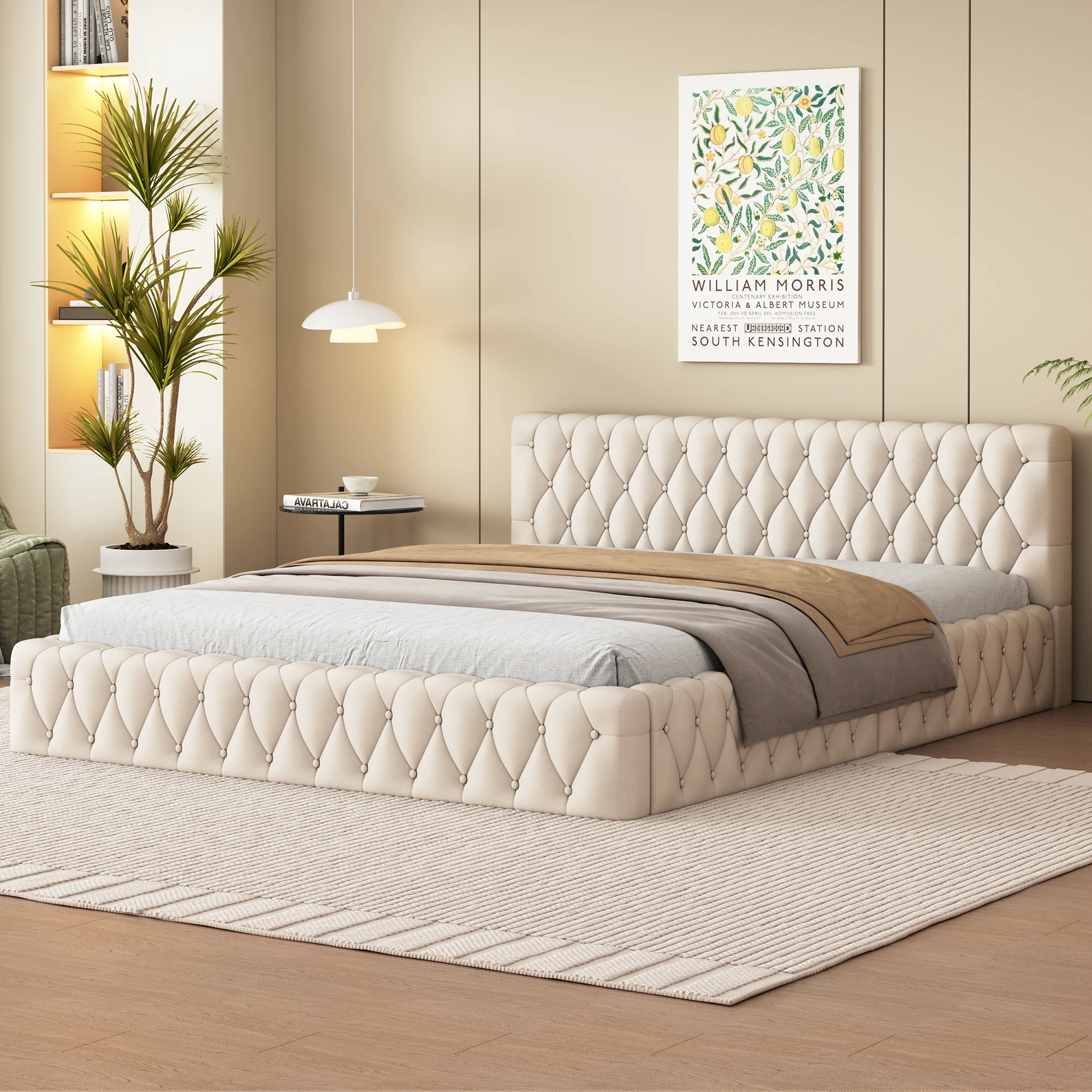 Upholstery bed Youth double bed 140x200 cm, skin-friendly velour, beige