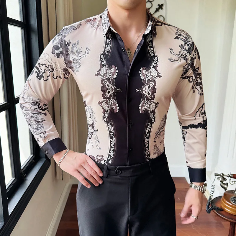 

Luxury Noble Men Floral Shirts Long-sleeved Slim Fit Baroque Mens Dress Shirt Autumn Spring Paisley Printed Men's Clothing 6XL