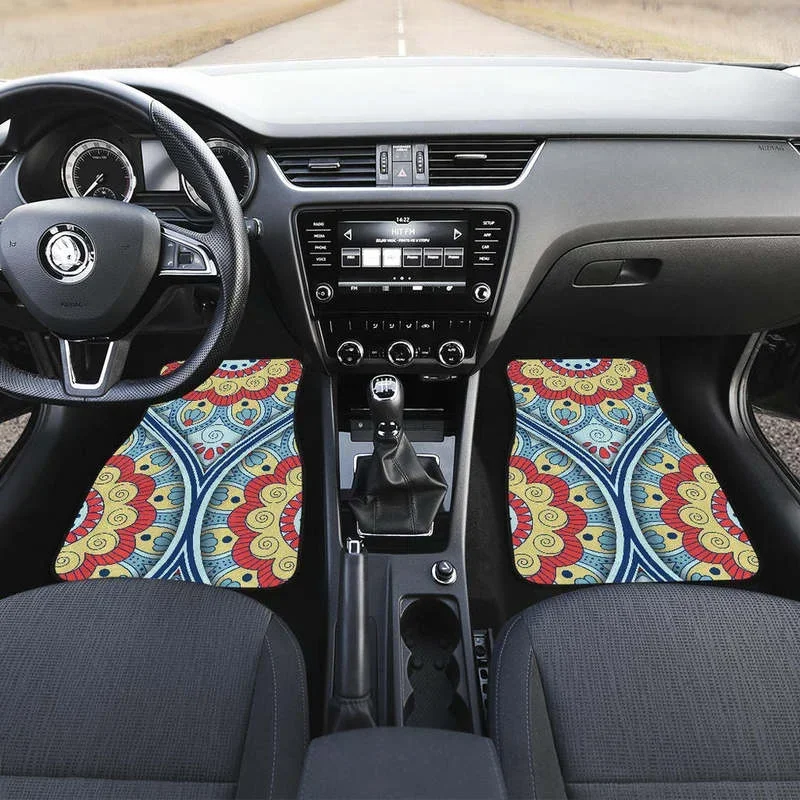 Pastel Ornament Mandala Print Front and Back Car Floor Mats Heavy Carpet Front and Rear Full Set 4PCs Pack