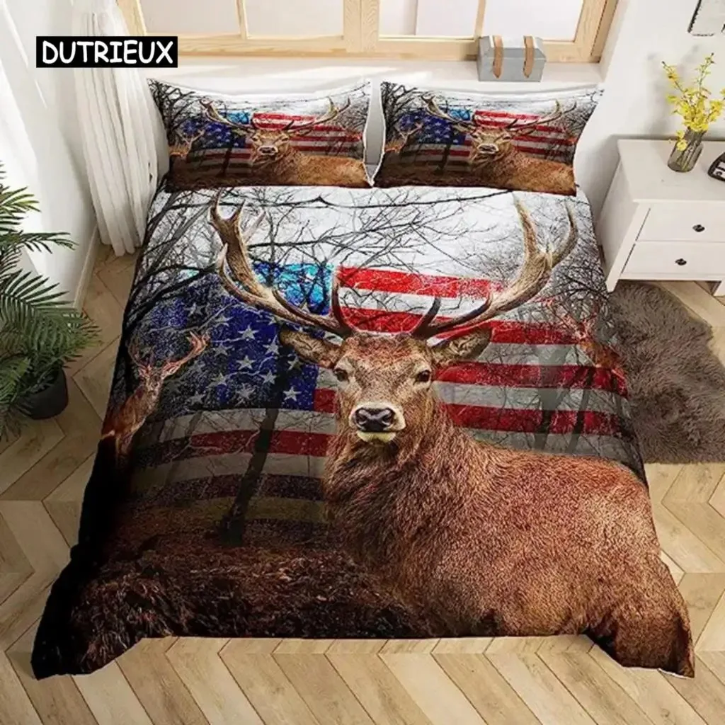 

Deer Duvet Cover American Flag Elk Decor Bedding Set for Boys Teens Wild Animal Theme Comforter Cover Soft Polyester Quilt Cover