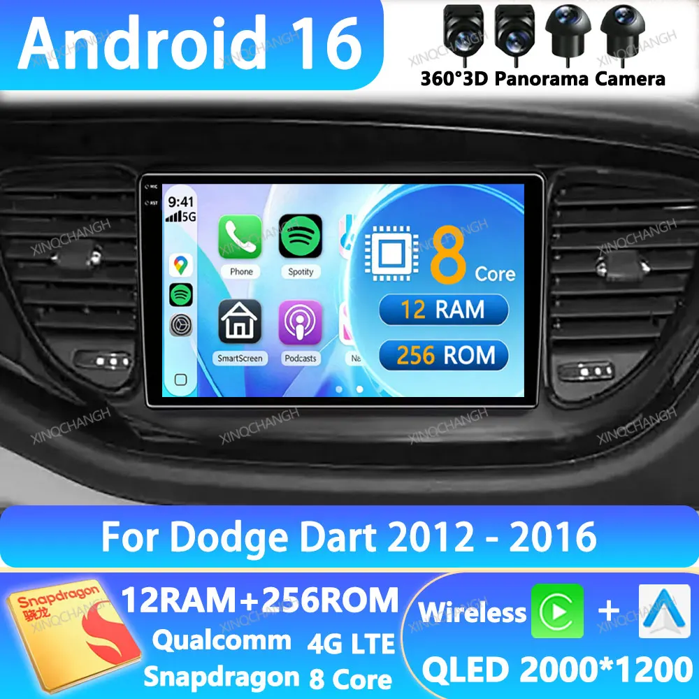 Radio para Auto Android 16 para Dodge Dart 2012-2016, Navegación Qualcomm, Reproductor Multimedia de Video, Unidad Principal, BT, QLED, GPS, 2DIN, 4G, WIFI