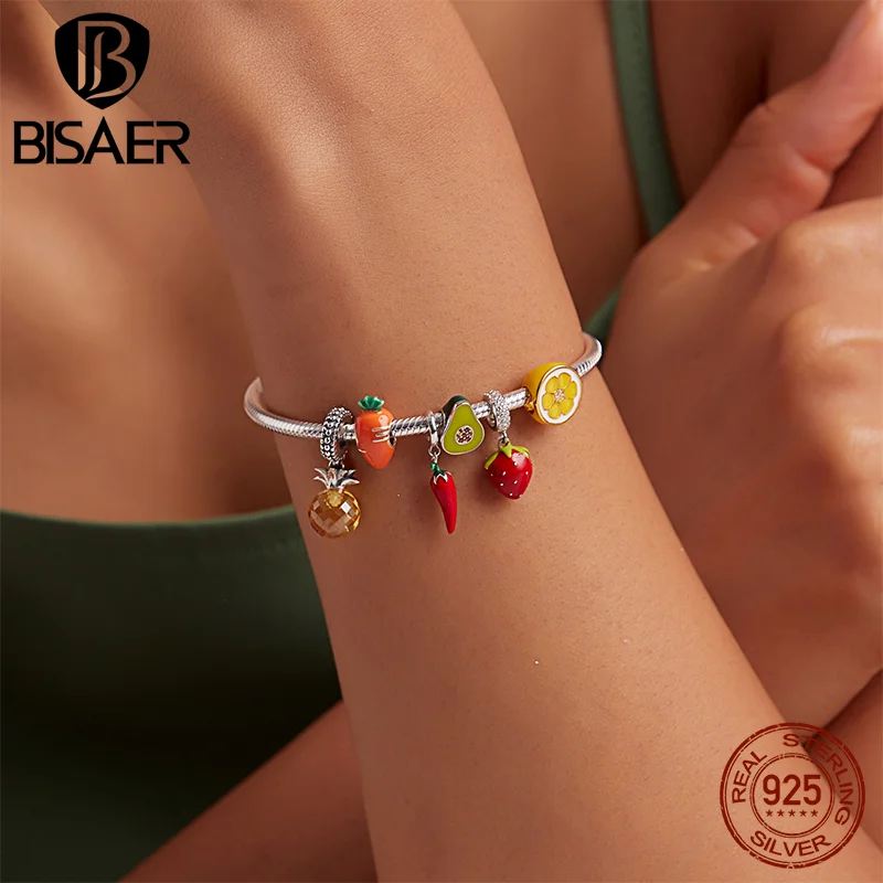 BISAER 925 Sterling Silver Red Wine Glass Rose Charm Bead Cherry Fruit Pendant Fit Girl bracciale e collana regalo di gioielleria raffinata fai da te