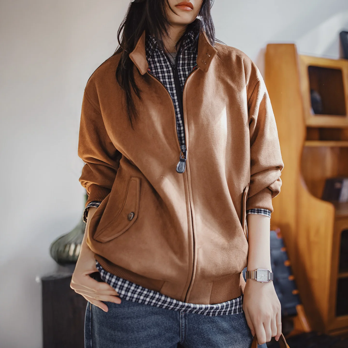 

Maden Женская винтажная замшевая куртка G9 с молнией, стоячим воротником, ветронепроницаемая, свободного кроя, тёплая, для осени и зимы, уличный стиль