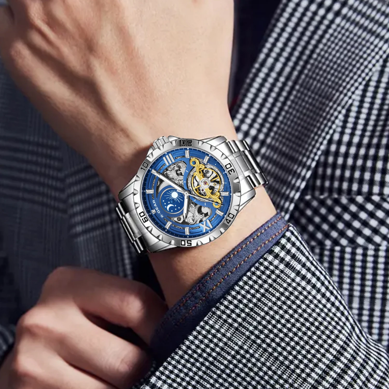 

Tourbillon Mechanical Watch for Men Starry Sky Moon Phase Luminous Automatic Stainless Steel Skeleton Dial Luxury Wristwatch