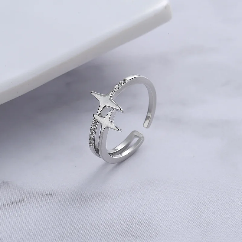 PANJBJ 925 Sterling Silber Vierzackiger Stern Glänzender Zirkon-Ring Hochwertiger Personalisierter Verstellbarer Schmuck – Detail 34