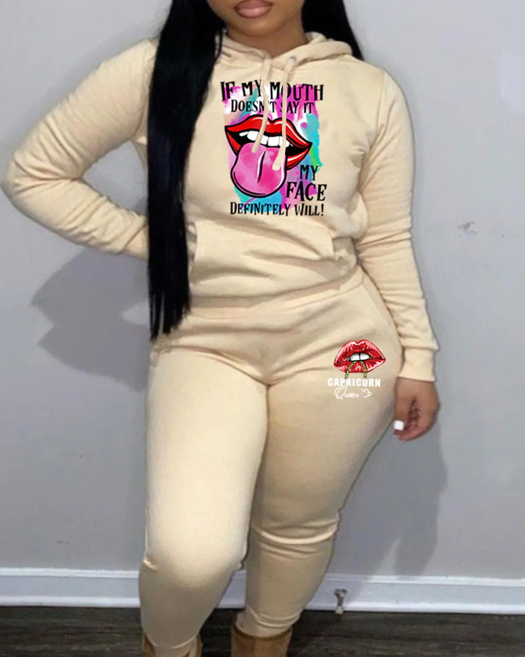 Damski dres jesienny, ciepły komplet: bluza z kapturem, dwuczęściowy, oversize, z nadrukami, casualowy, bluza z kapturem, długie spodnie.