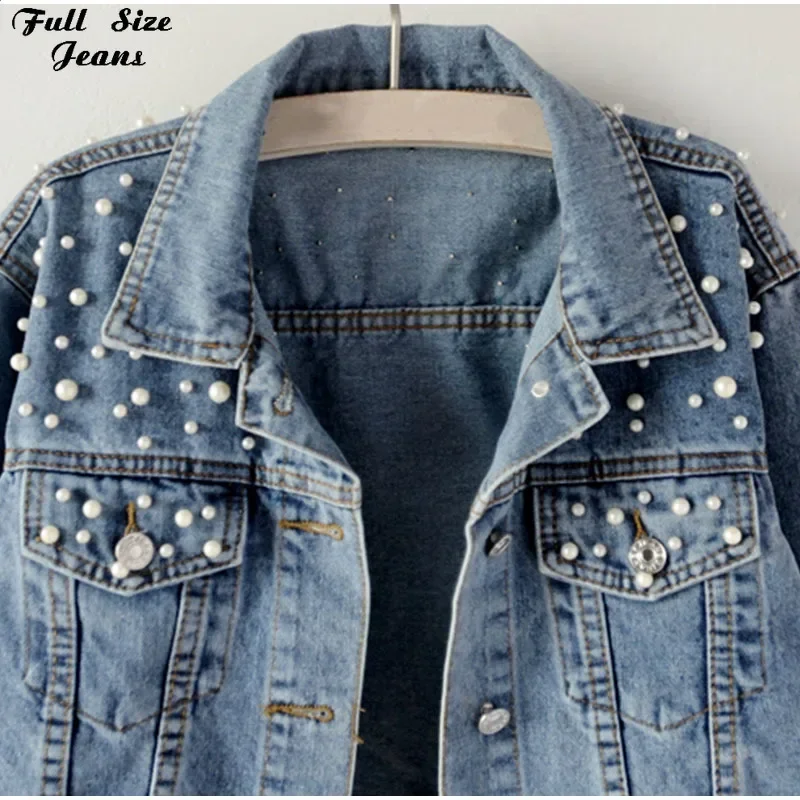 Designer Pearl Beading Black Short Jean Jackets Korean Chi Street Jeans Jacket Chi Cotton Collar Blue White Cropped Denim Coat