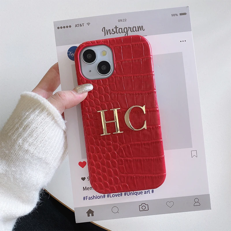Personalized name crocodile leather Phone case initials metal letter for iPhone17 16 15 14 13 12 11Promax 16e protective Cover