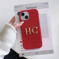 Personalized name crocodile leather Phone case initials metal letter for iPhone17 16 15 14 13 12 11Promax 16e protective Cover