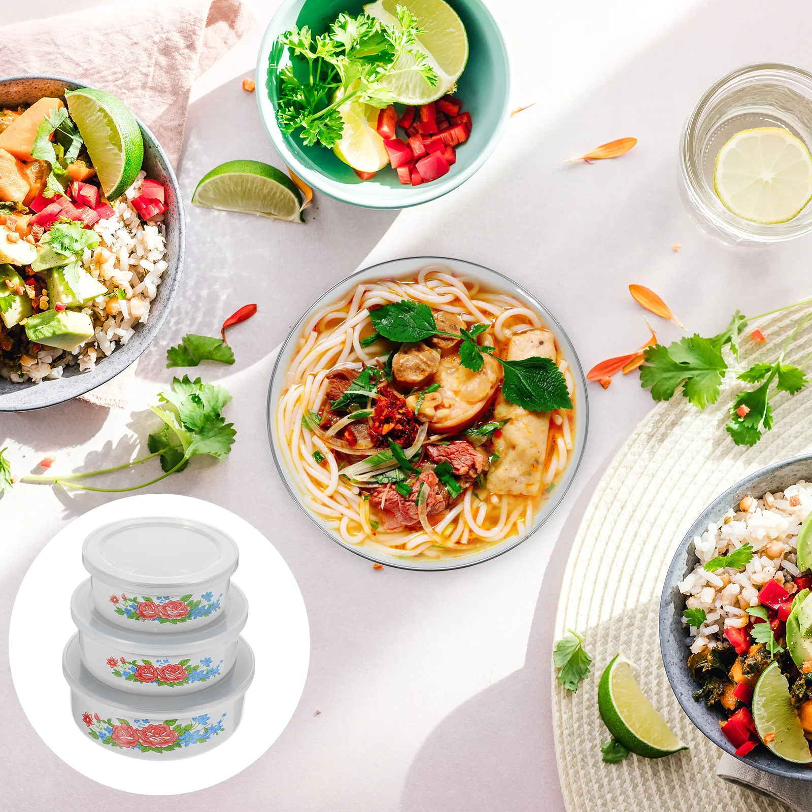 

3 Pcs Enamel Fresh Bowls Set Salad Food Storage Containers Lids Prep Dishes Preservation Bowls Home Storage Tools