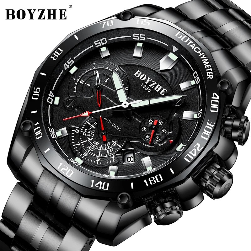 BOYZHE Men Watch Fashion Mechanical Watch Mens Top Brand Luxury All Steel Business Waterproof Sport Date Automatic Watch Relogio