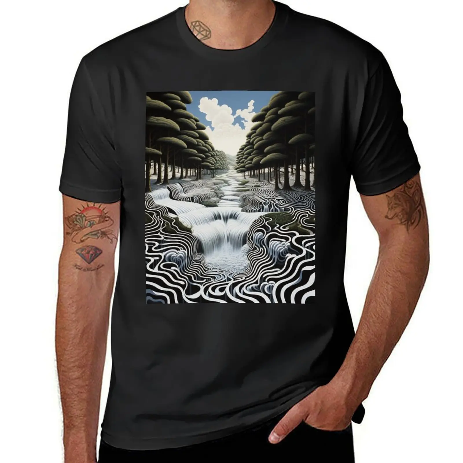 Geometric River Vista: Black and White Landscape with Green Trees and Blue Sky in Op Art Style T-Shirt