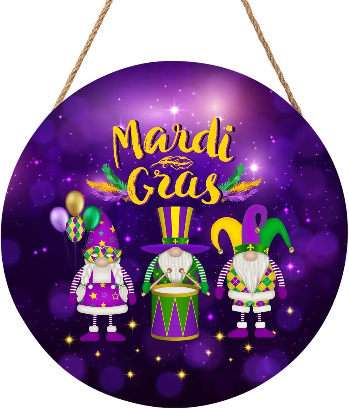 Happy Mardi Gras Door Sign For Front Door Decor,Purple Masquerade Gnomes Wooden Sign 12in Round Wood Hanging Door Sign