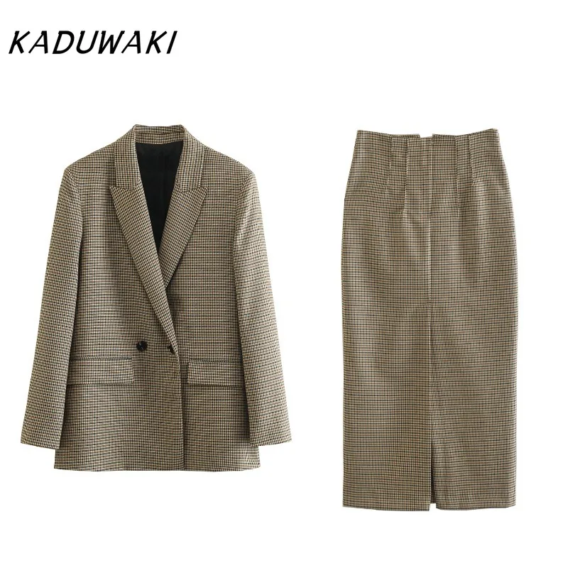 KADUWAKI Retro Lapel Long-sleeved Plaid Double-breasted Blazer Chic Temperament Plaid Straight Skirt Fall Set أطقم نسائية قطعتين