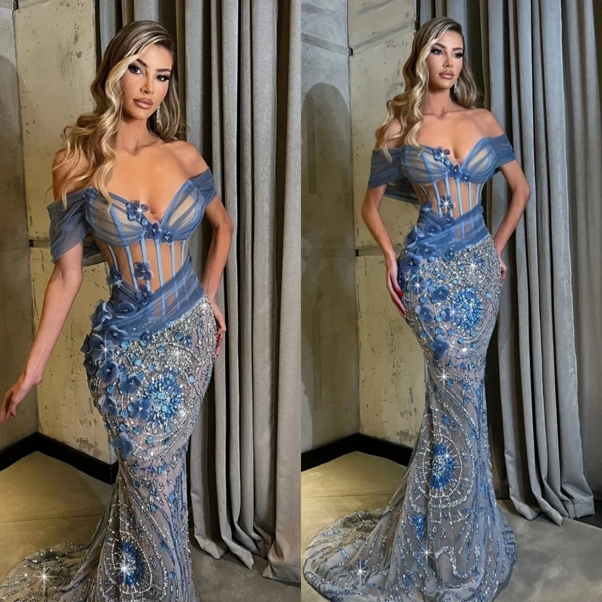 Sexy Evening Dresses Rhinestone Off Shoulder Prom Dress See Through Flowers Customized Mermaid Party Gowns Vestidos De Noche