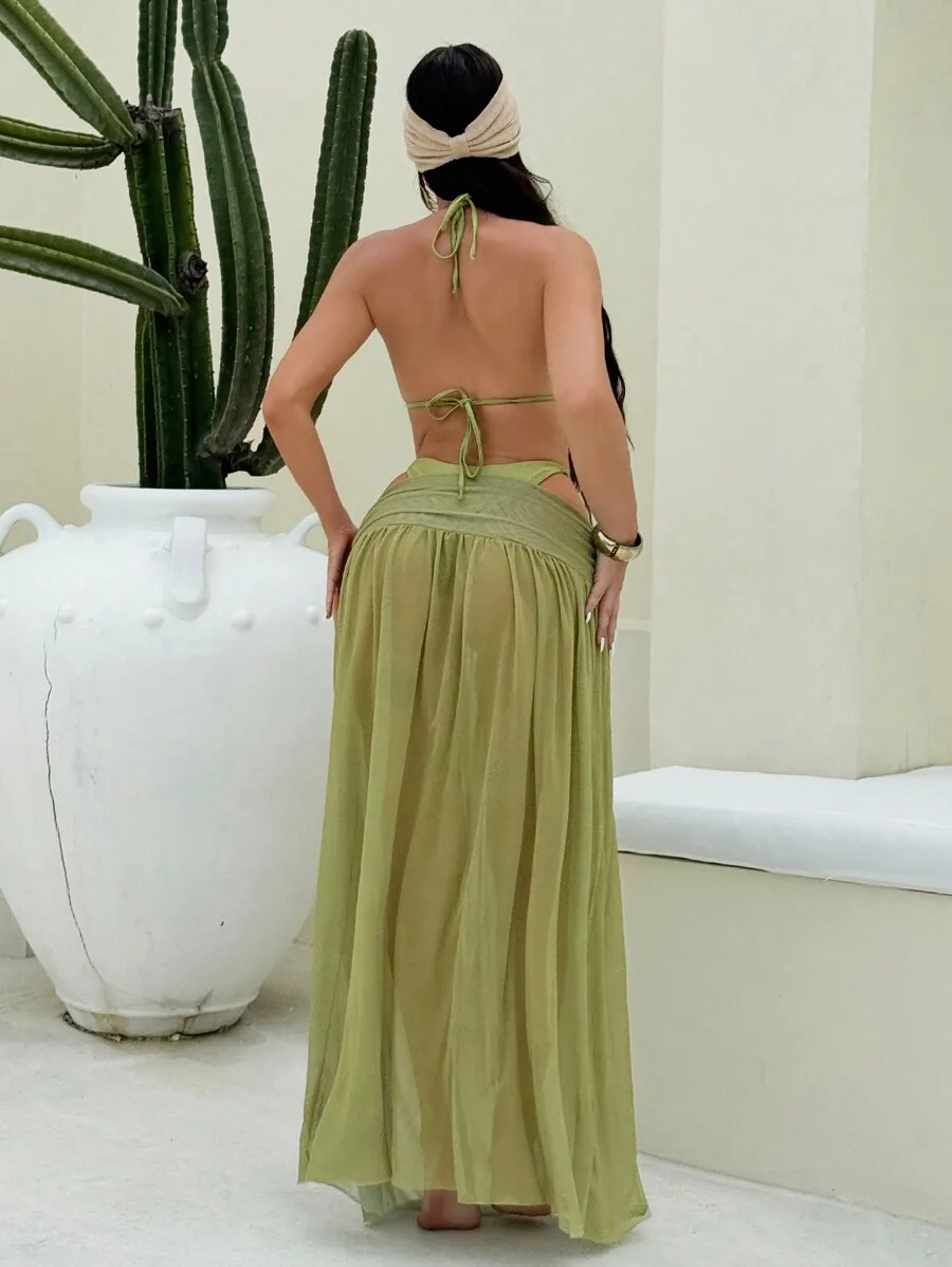 Vaytide 3pcs/Set Women Glossy Olive Green Halterneck Bikini,Metal Ring Decor With Long Mesh Beach Cover Up Dress,Summer Casual