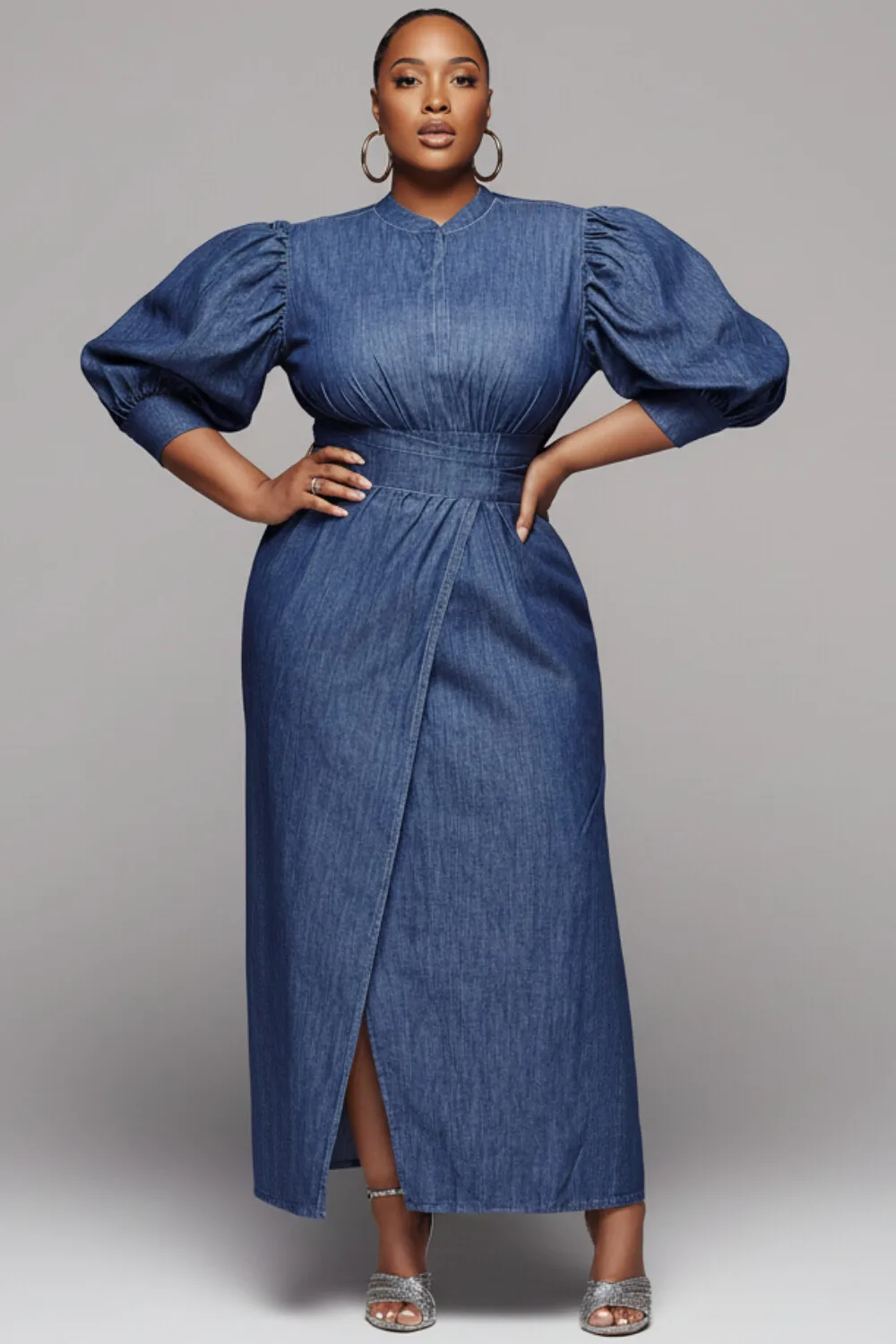 

Plus Size Business Casual Blue Mock Neck Half Sleeve Split Elegant Denim Maxi Dresses
