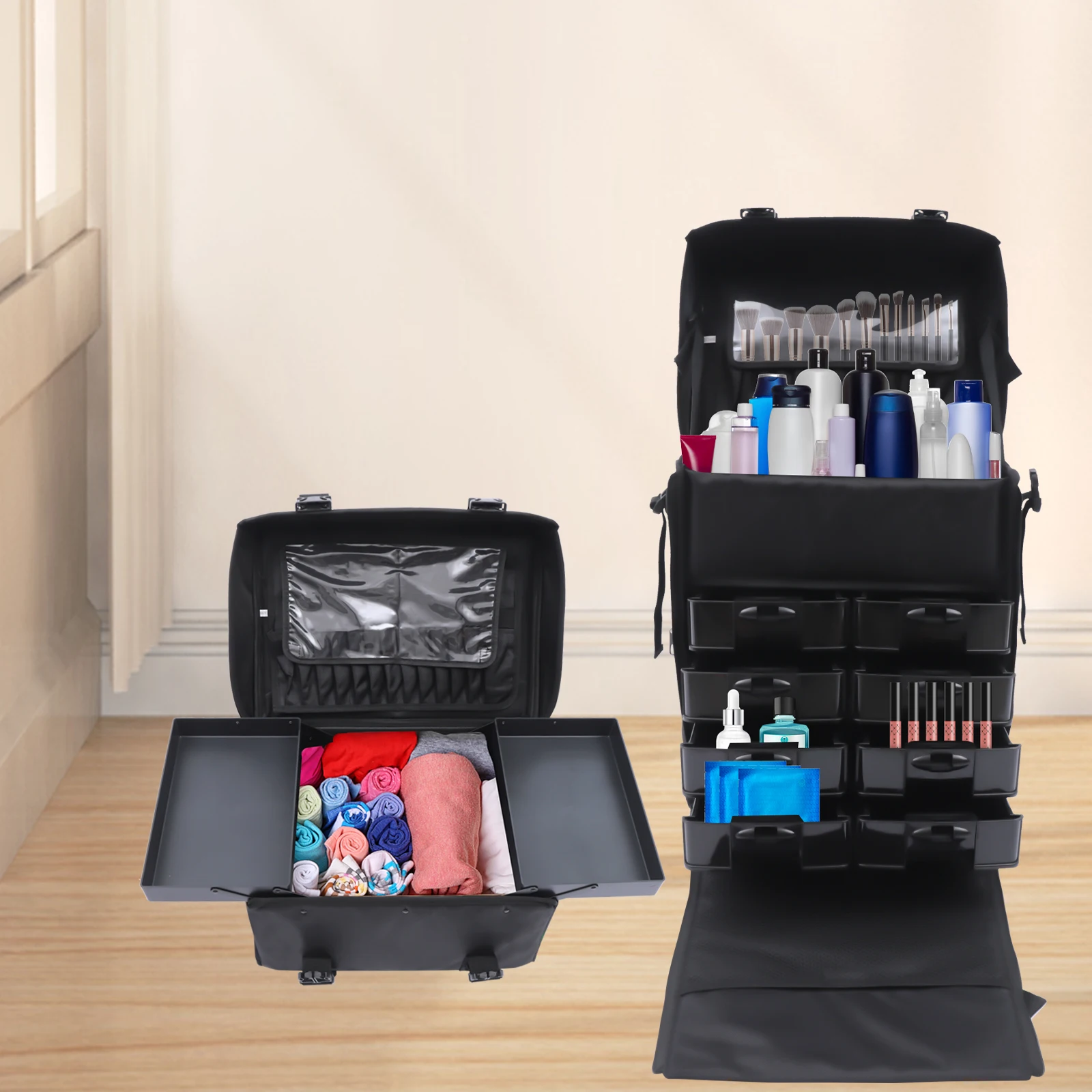 2-in-1 Cosmetic Trolley Portable Makeup Case Professional Makeup with Drawers Makeup Storage Assistant for Hairdressers