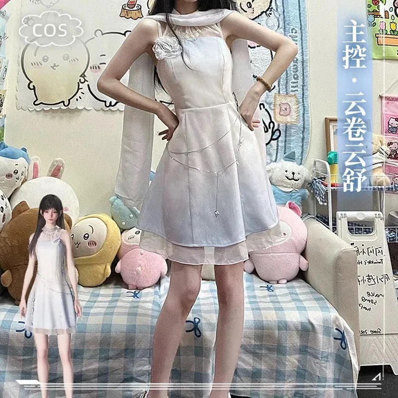 2025 yiyi لعبة الحب والفضاء العميق البطلة زين كزيفير رافاييل ملكة جمال هنتر تأثيري حلي شعر مستعار ثوب امرأة فستان أبيض مثير