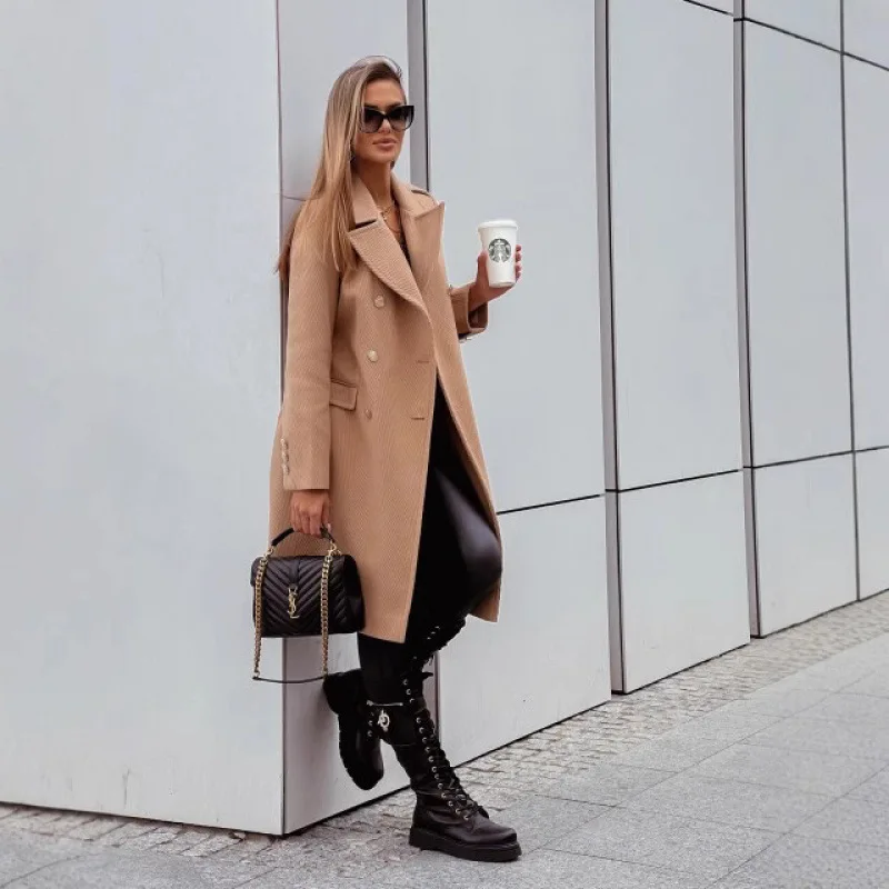 Cappotto di lana casual di media lunghezza doppiopetto Primavera 2025 Capispalla Faion da donna Pantaloni lunghi a vita alta Regular Thin