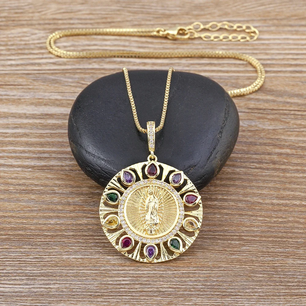 Nidin High Quality Zircon Virgin Mary Inlaid Rainbow Water Drop Shiny Rhinestone Pendant Necklace Unisex  Jewelry Gifts