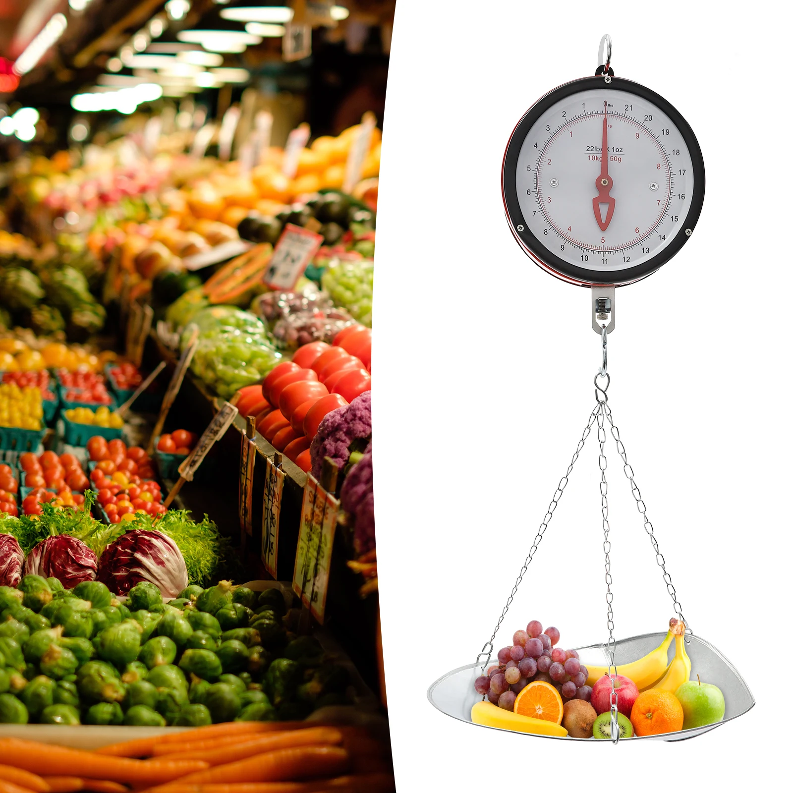 

NEW Double-Sided Dial Hanging Scale, Hanging Scale with 2 Units, 10kg/22lbs Hanging Scale with Chain and Tray