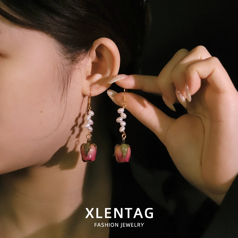 Natural Freshwater Pearl Rose Bud Drop Earrings for Women Valentine's Day Gift Romantic Pearl Floral Earring Fashion Jewelry