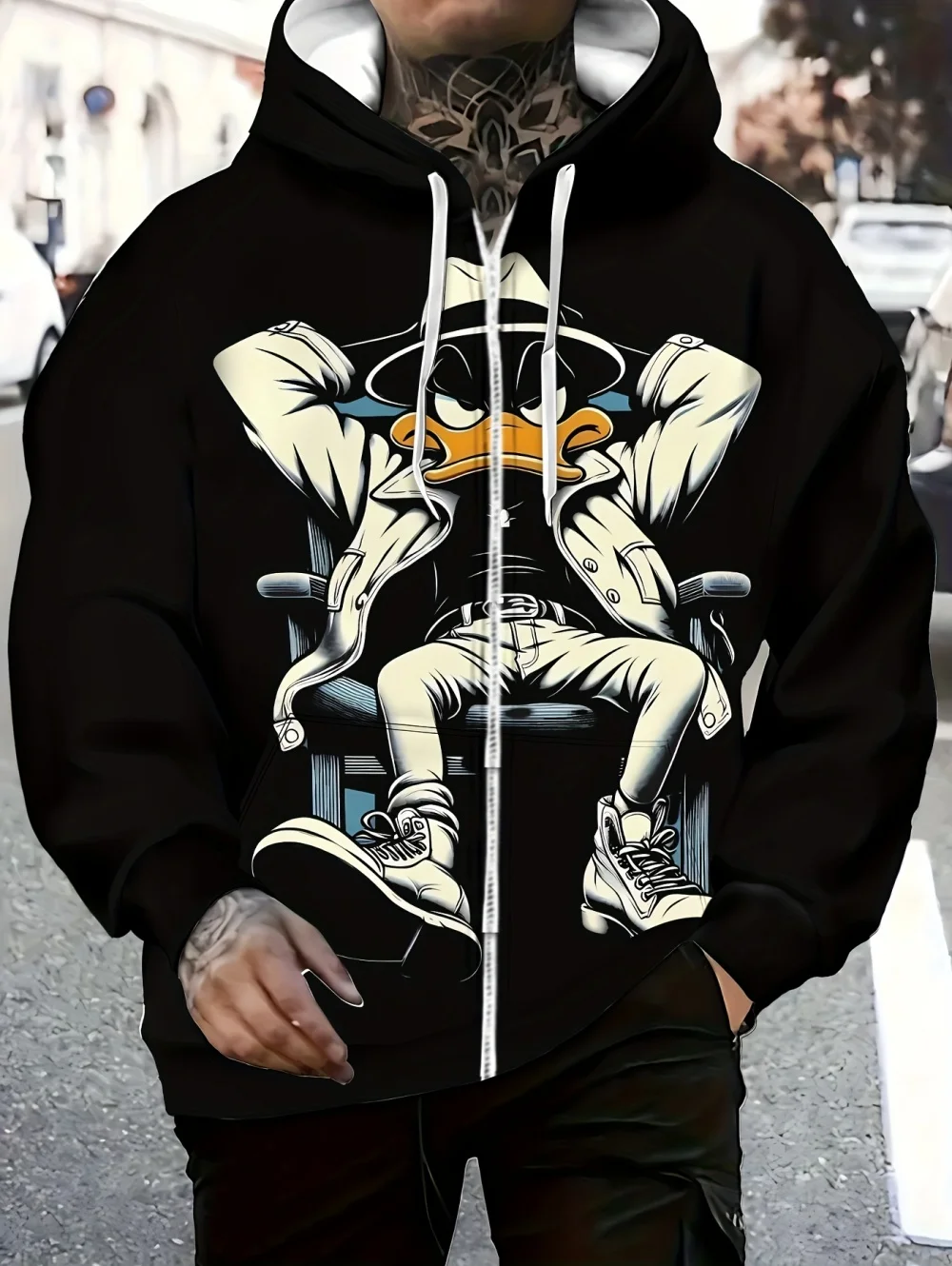 Sweat à capuche à manches longues pour hommes, imprimé canard artistique, fermeture éclair, poches à cordon de serrage, personnalité drôle, vêtements surdimensionnés