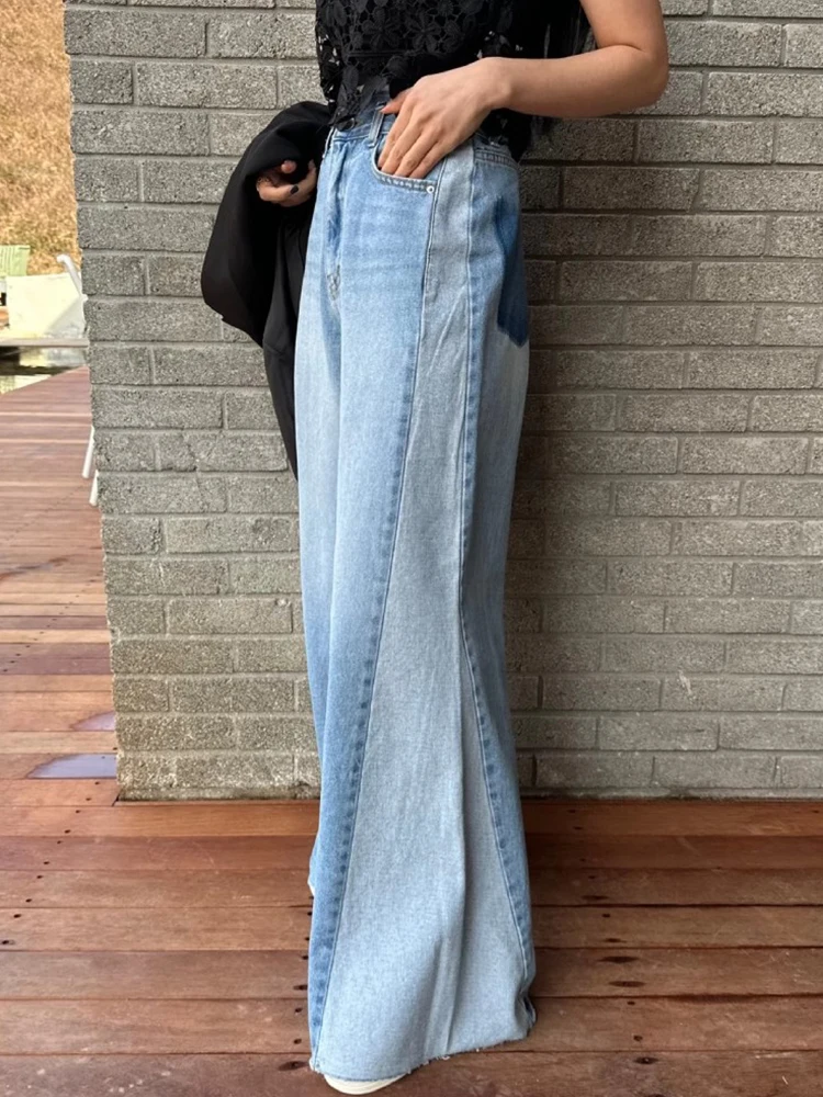 

High Waist Bell Bot Denim Jeans Women's Spring Casual Wide Leg Pants Torn Micro Flared Jeans Chic Vintage Patchwork Design