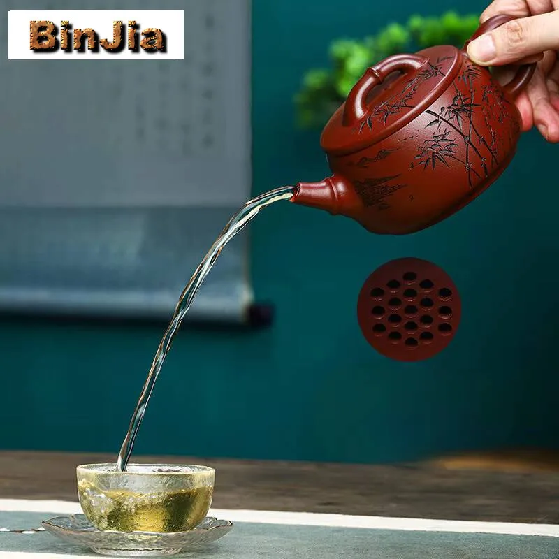 350 مللي أصيلة ييشينغ اليدوية الأرجواني الطين إبريق الشاي اليد نقش الخيزران براد شاي الجمال Infuser غلاية الصينية Zisha مجموعة