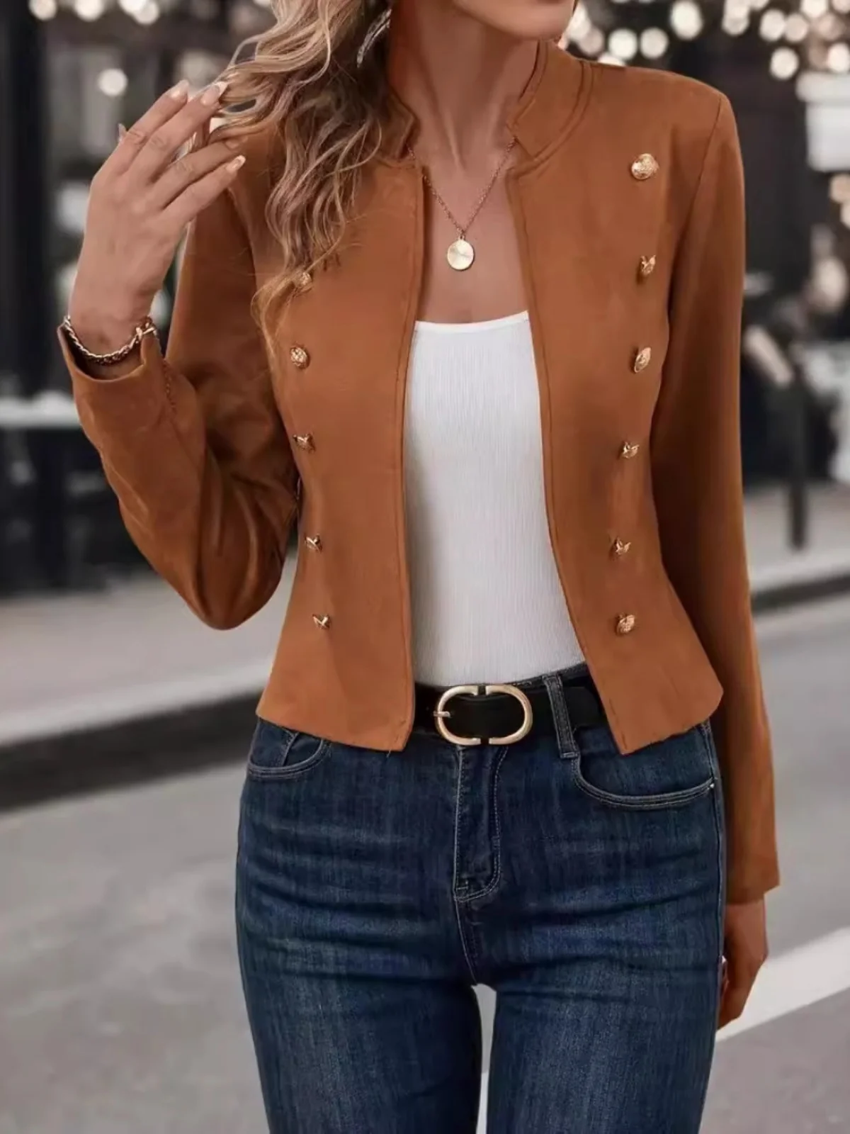 

Сексуальный двубортный маленький костюм Jaet, женский длинный костюм из полиэстера све, официальная одежда с воротником-стойкой, женские высокого качества