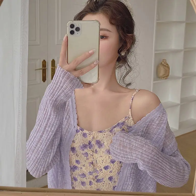 

Sun Protection Light Weight Knitted Ice Silk Cardigan Women's Purple Outerwear Summer oulder awl Vest Top with Strap Dres