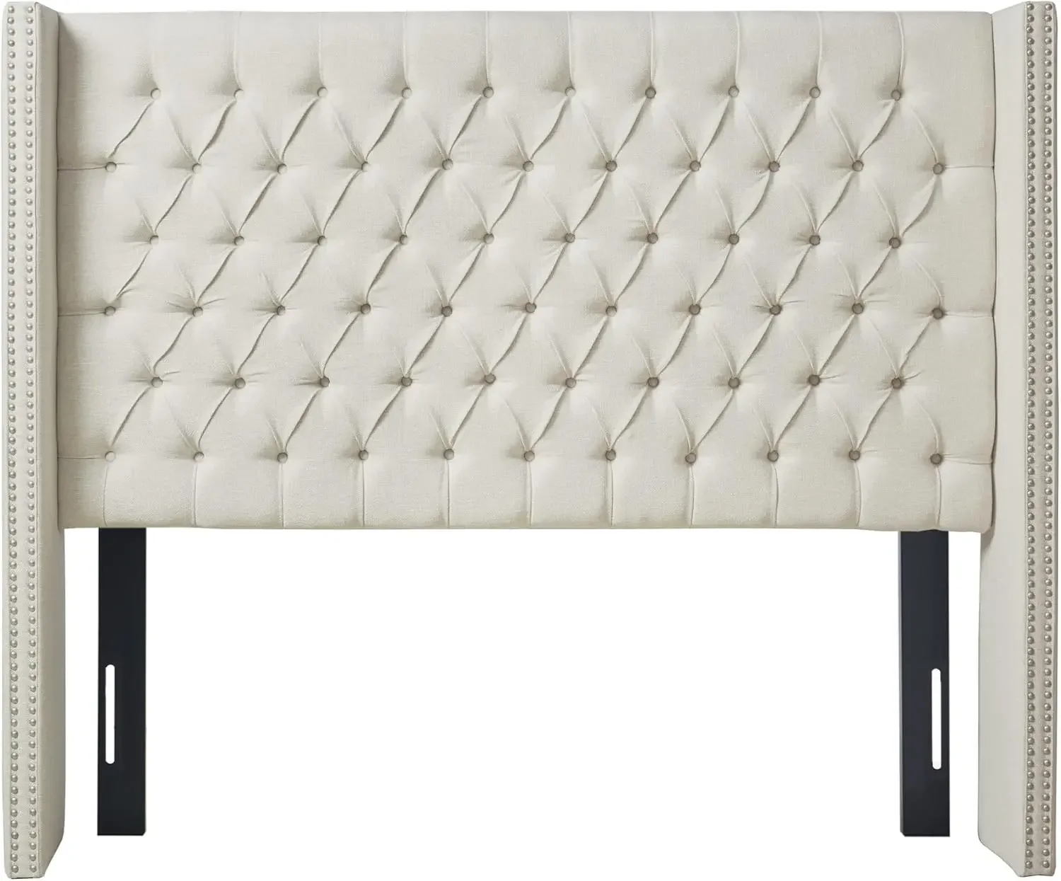 Upholstered Headboard | Nail Head Trim Wingback Button Tufted | King, Cream