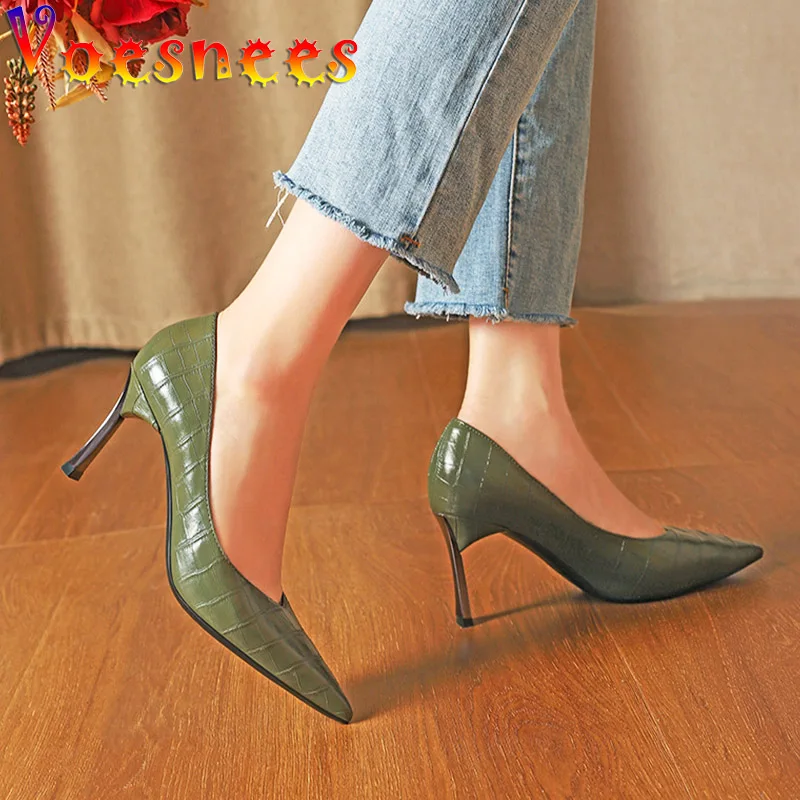 New Pointed Toe Office Women Pumps 7.5CM High Heels Spring Retro Shallow Mouth Single Shoes Fashion Crocodile Print Stilettos