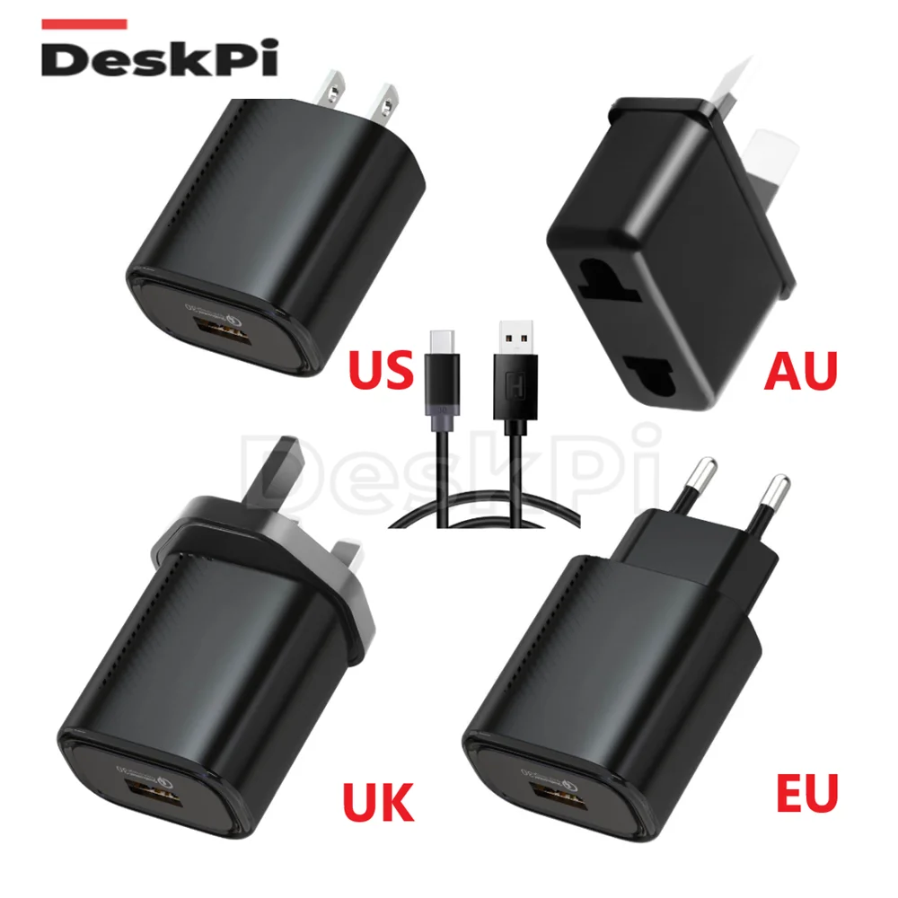 Deskpi Pro USB Charger Adapter AC 100-240V 0.5A-12V 3.6 Power Supply Wall Desktop Charging Power Bank EU/US/UK/AU  Type C Cable