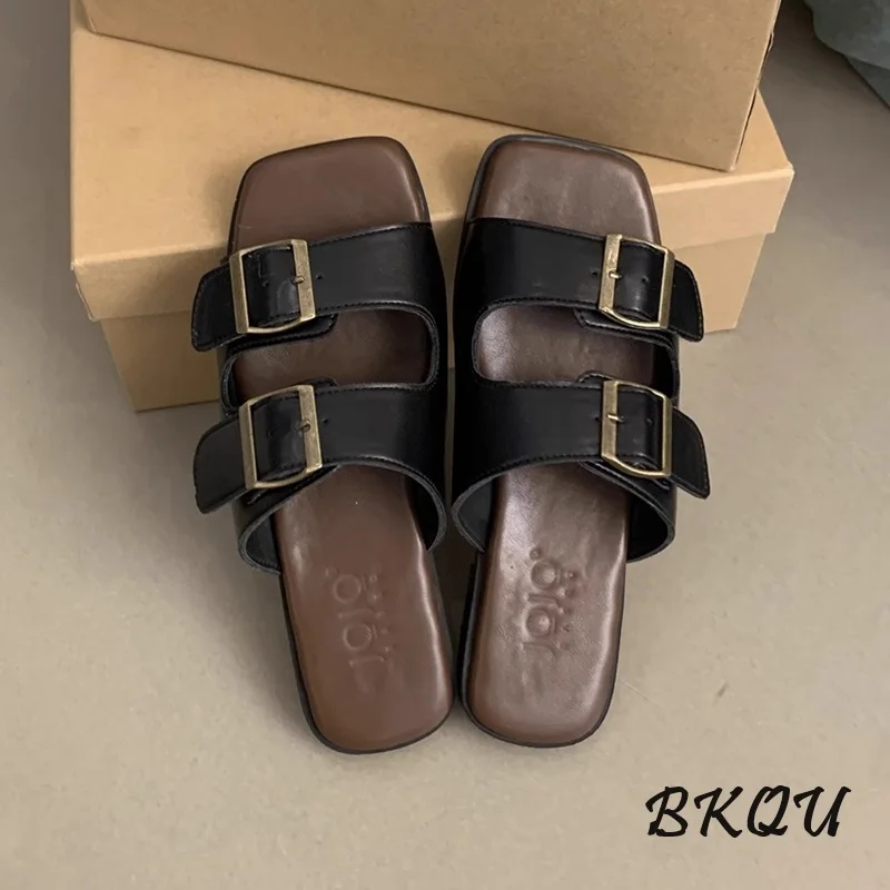 BKQU Women Slippers 2024 Summer Outside Wear New Korean Version of French Retro Fairy Wind Beach Beach Soft Flat Mule Sandals