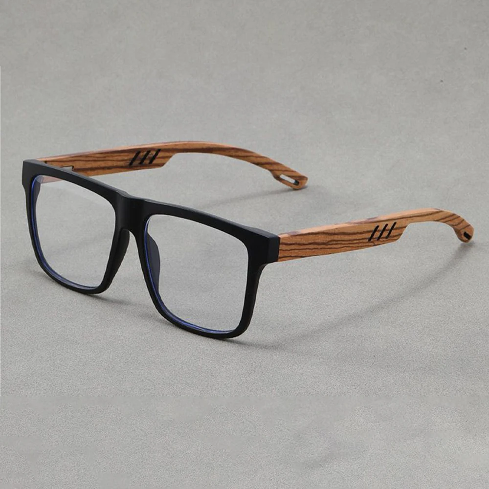 Fashion Faux Wood Temple Acetate Eyeglass Frames Retro Square Prescription Glasses for Men Classic Clear Lens Spectacles