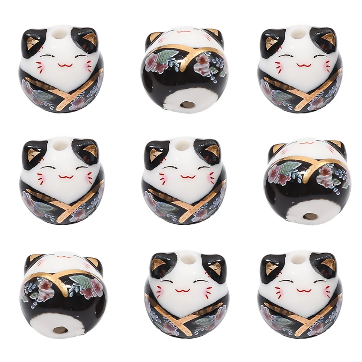 15x14mm Hand Painted Black Lucky Cat Ceramic Beads Cute Animal Porcelain Beads For Jewelry Making Bracelets DIY Accessories