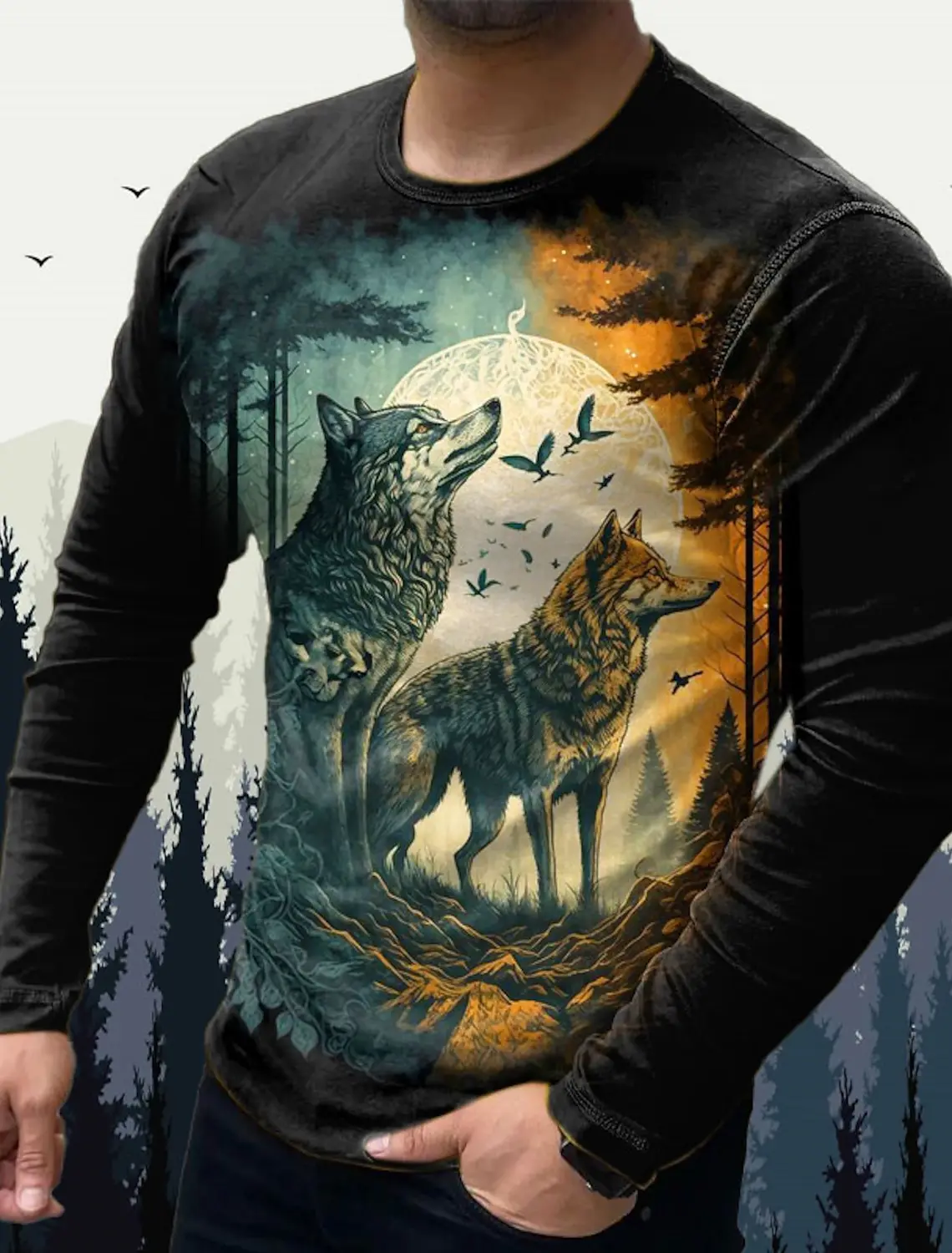 Men\'s T Shirts Vintage Animal Wolf Long Sleeve Tops Autumn Sweatshirt Graphic Casual Hip Hop Fashion Clothing O-neck T-shirts