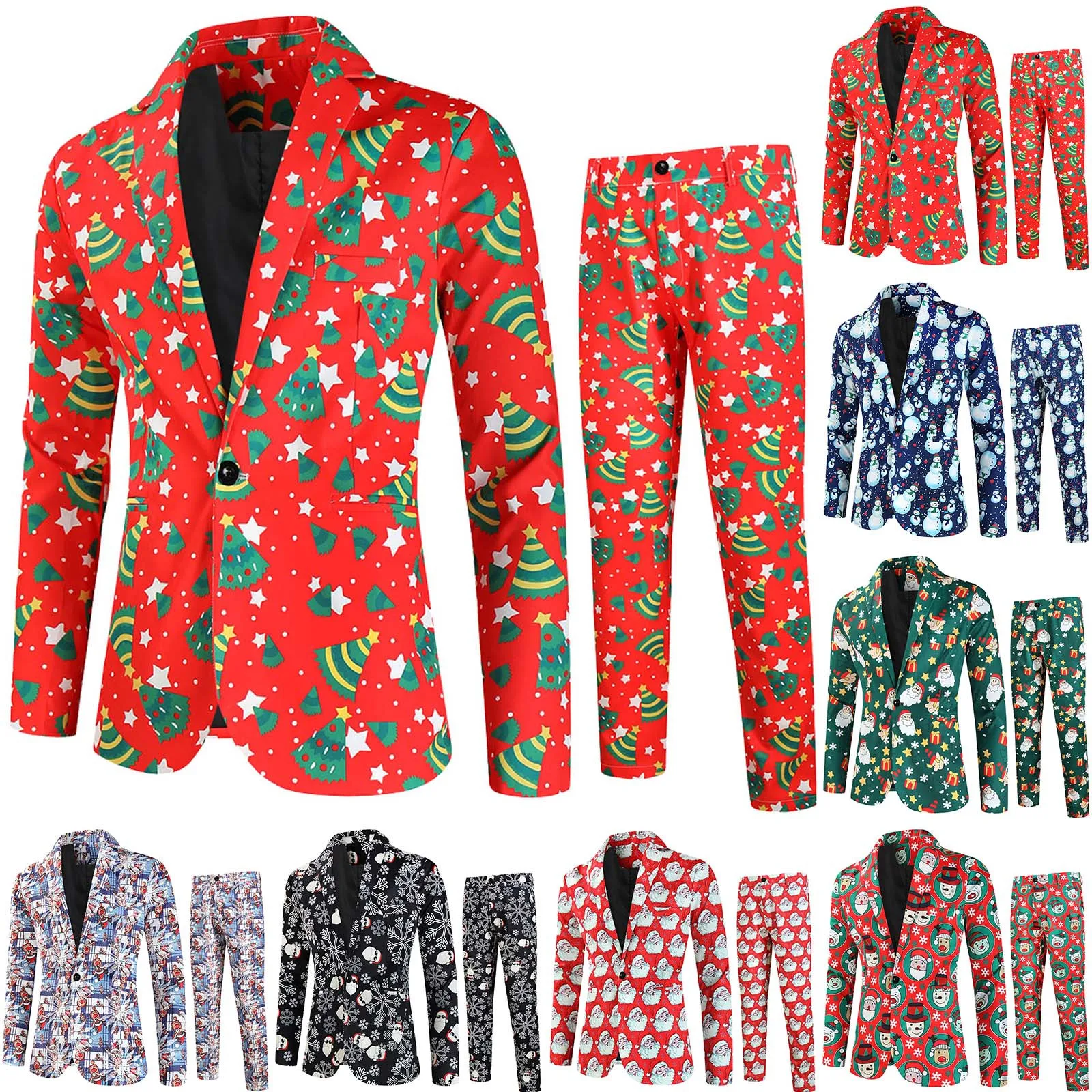 Fashion Christmas Printed Blazer Sets Men (Jackets + Pants ) Autumn Spring Club Party Two Pieces Suits Christmas Party Suits