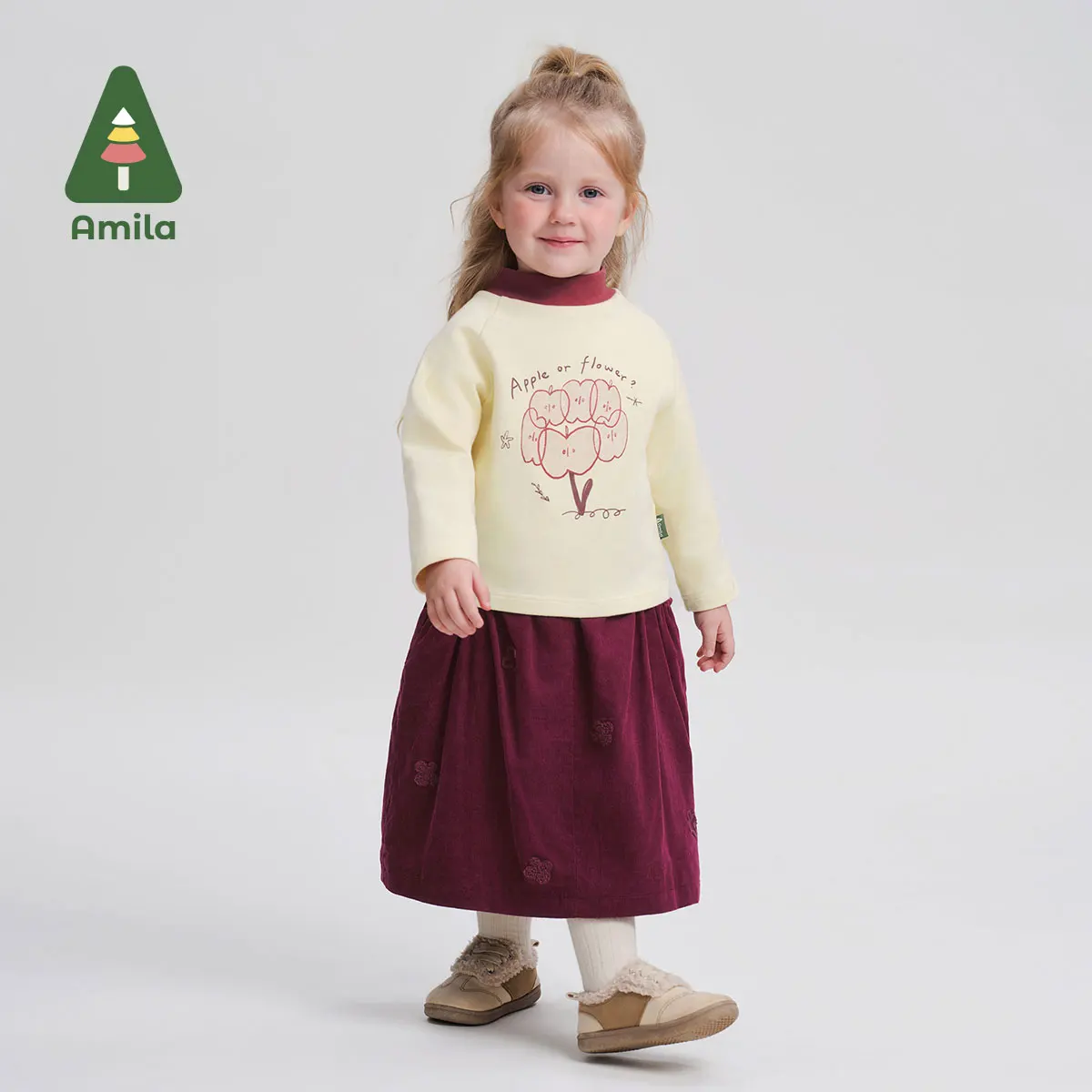 Amila Baby Skirt 2024 Winter New Style Girls Plus Velvet Warm Skin-Friendly Cartoon Solid Color Corduroy Children\'s Long Skirt