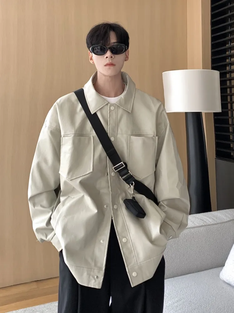 

Trendy Youth Motorcycle Sle PU Leather Jaet Men's Spring Autumn Faion High Street Biker Coat Casual Loose Fit Button Decor