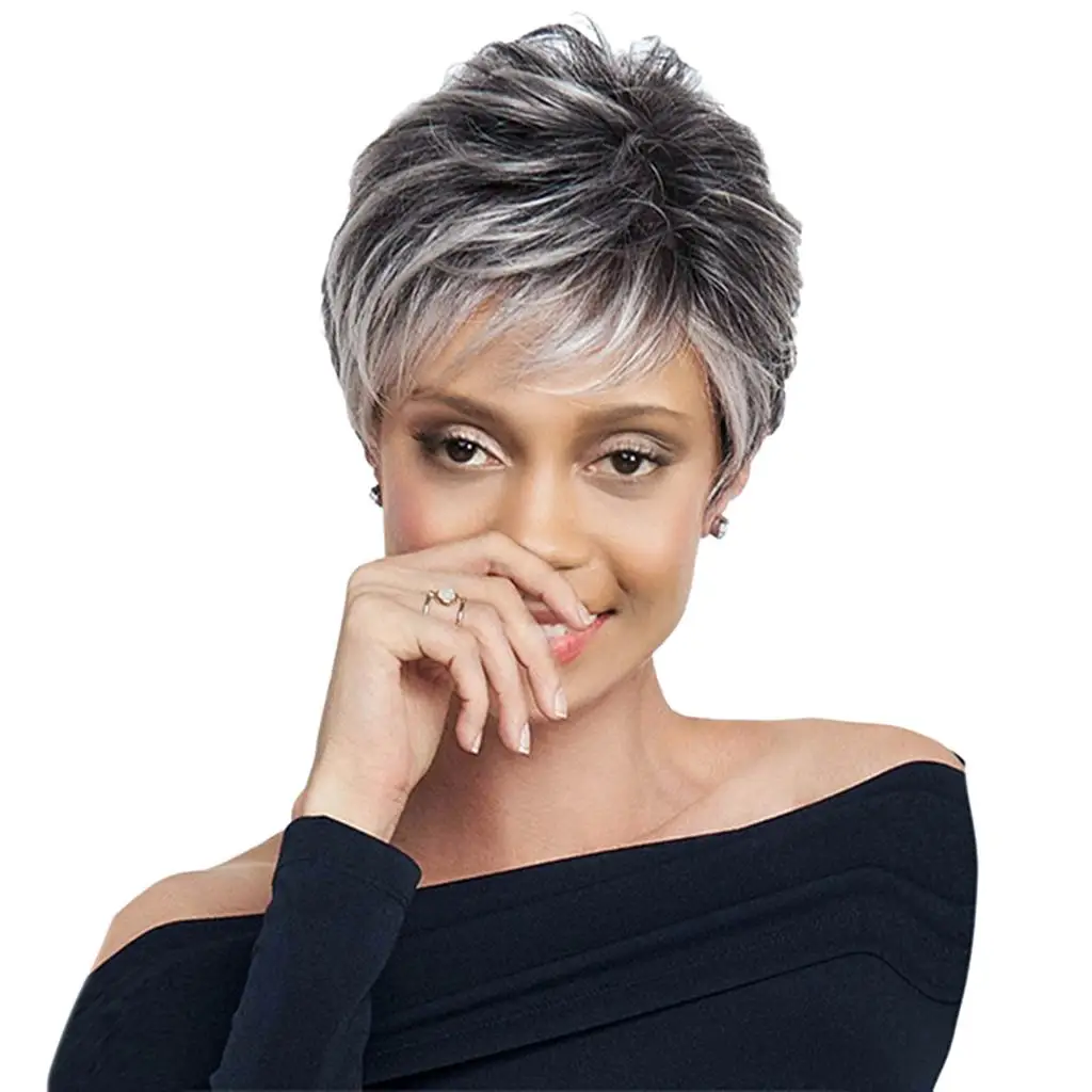 باروكات شعر صناعية قصيرة ذات طبقات رمادية للنساء، خفيفة الوزن ومريحة، ملحقات للاستخدام اليومي #3
