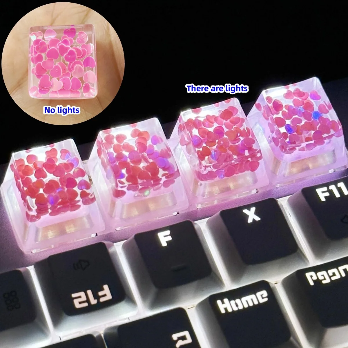 Translucent Love Sequins Keycaps com Acessórios, Teclado Mecânico, Eixo Cruzado, Novo, Mais Vendido, 4Pcs